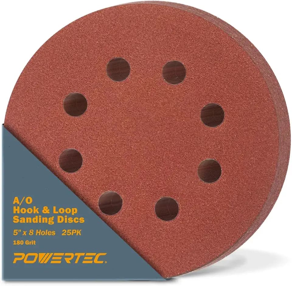 POWERTEC 25PK, 180 Grits, Sanding Discs 5 Inch - Hook and Loop, 5 Inch 8 Hole Aluminum Oxide Sandpaper Discs, Woodworking Sanding Pads for Random Orbital, Palm, Air, DA & Pneumatic Sander (45018)