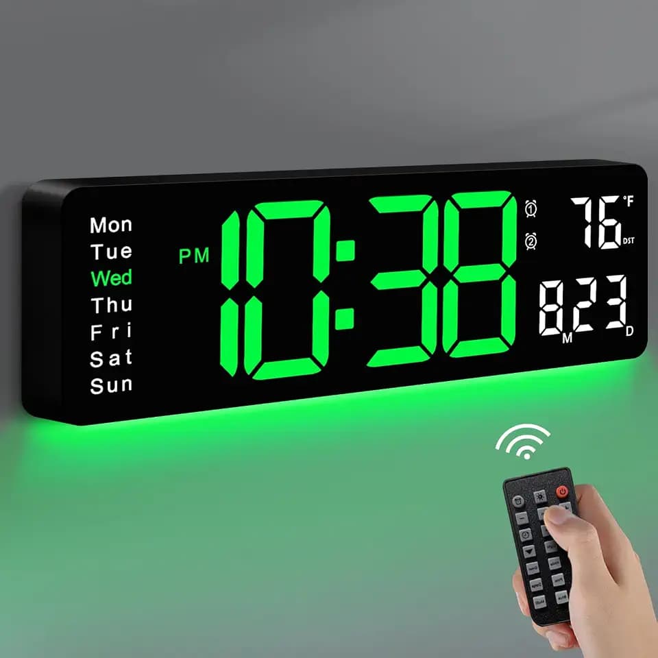 MASHI 16" Easy-Read Large Digital Wall Clock,9-Color Night Light,Auto-DST