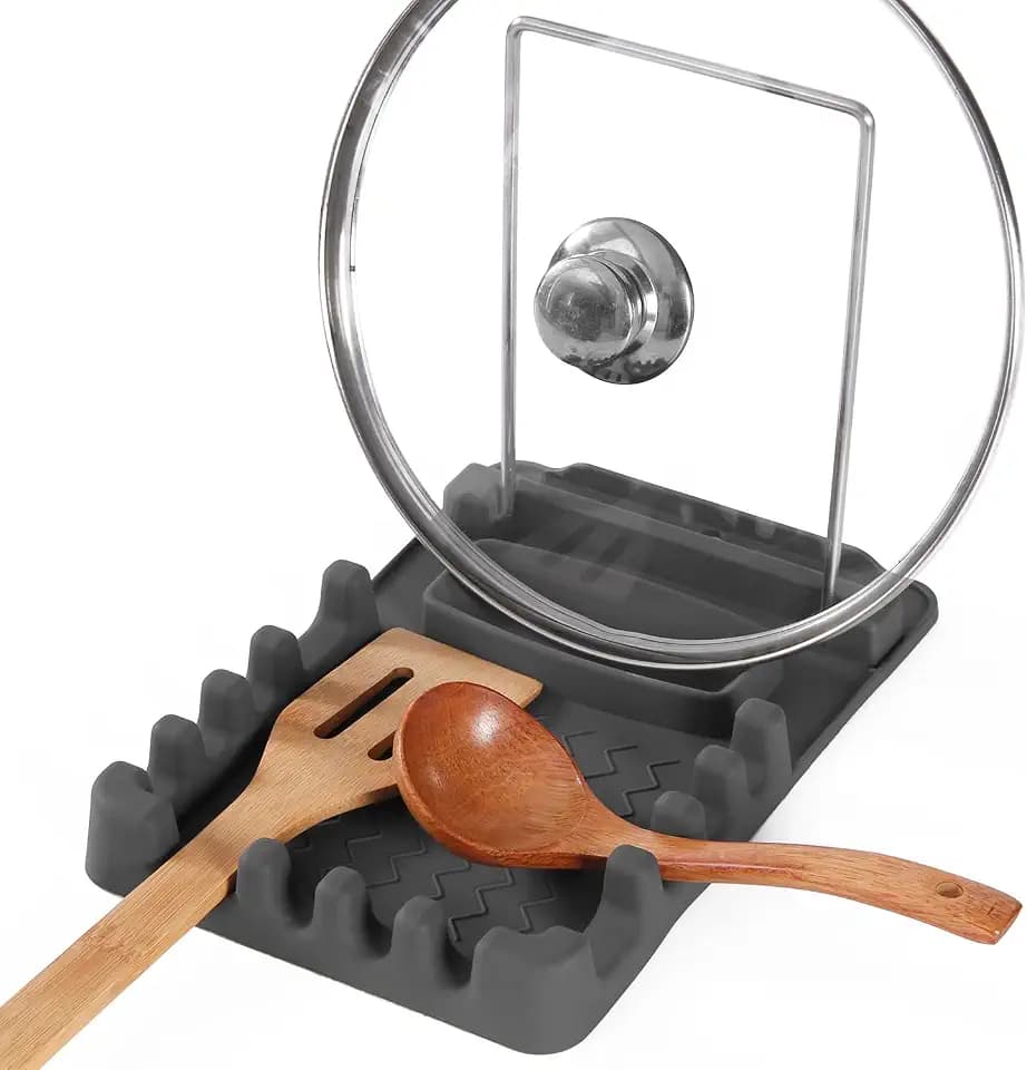 Silicone Utensil Rest with Foldable Stainless Steel Lid Holder – Multi-Slot Spoon & Spatula Holder, Heat Resistant, Non-Slip Rubber Feet, Dishwasher Safe, Space-Saving Kitchen Tool-grey