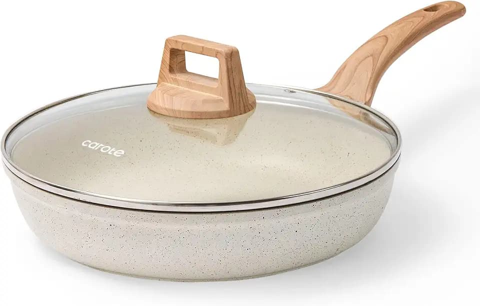 CAROTE Non Stick Frying Pan, 8 Inch Cream White Skillet with Glass Lid