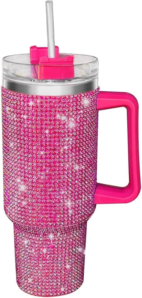 40oz Tumbler with Handle and Straw, Glitter Rhinestones Tumbler Bling Cups