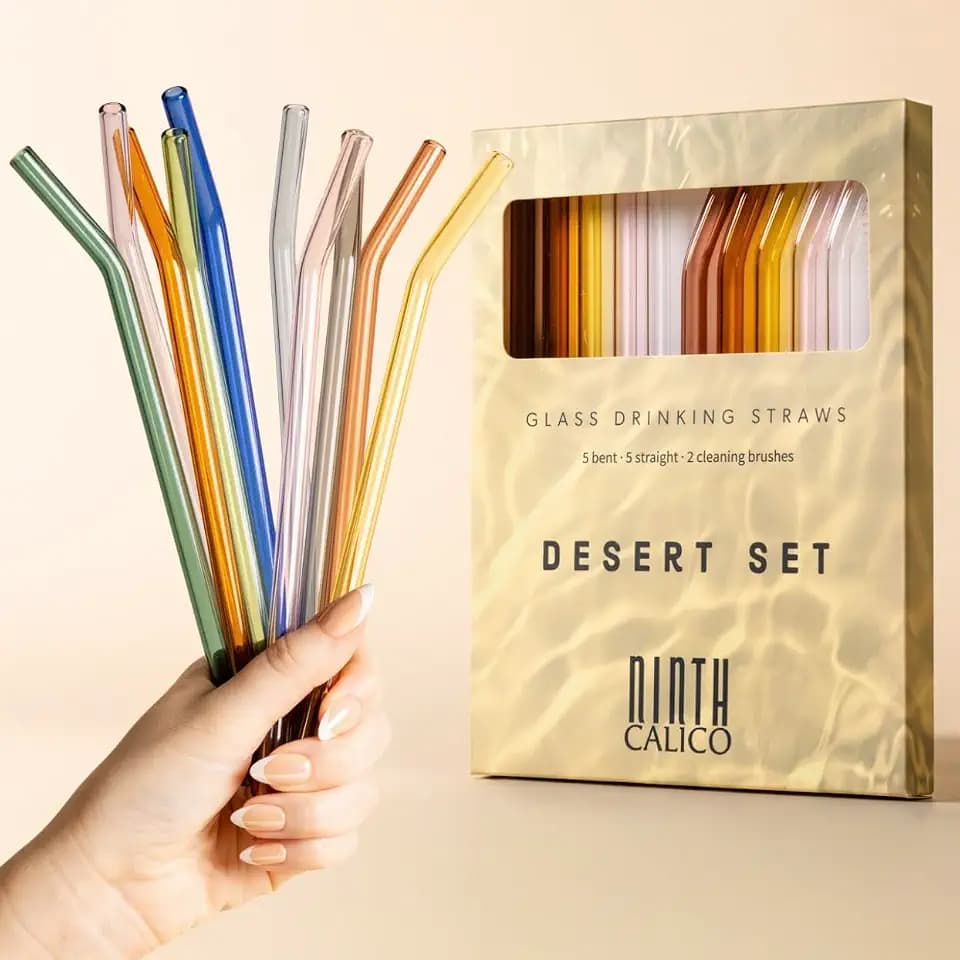 10 Pcs Reusable Glass Drinking Straws, Colorful and Durable Glass Straws for Beverages, Smoothies, Iced Coffee, Matcha, Juice, 5 Straight, 5 Bent, 2 Cleaning Brushes (Desert Set, Classic)