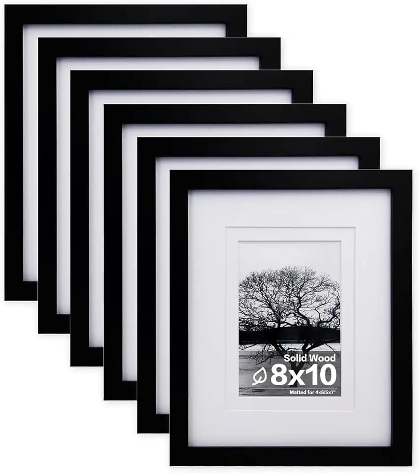 Egofine 8x10 Picture Frames Set of 6, Made of Solid Wood Covered by Plexiglass Display 4x6 and 5x7 with Mat or 8x10' without Mat, for Table Top Display and Wall Mounting Photo Frame Black