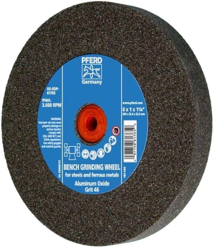 PFERD Vitrified Bench Grinding Wheel – Universal, 8" Diameter, 1" Thick, 1-1/4" Arbor, 46 Grit, Aluminum Oxide, for General Metalworking - Part 61765
