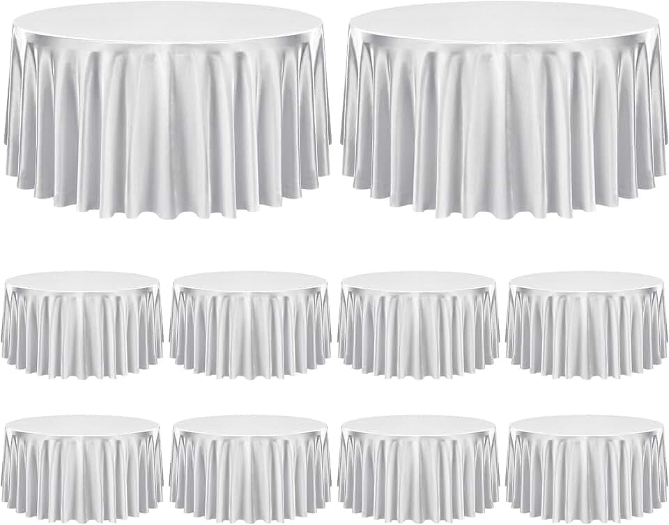 10 Pack Silver Satin Round Tablecloths, 120 Inch, Fits 8 FT Tables