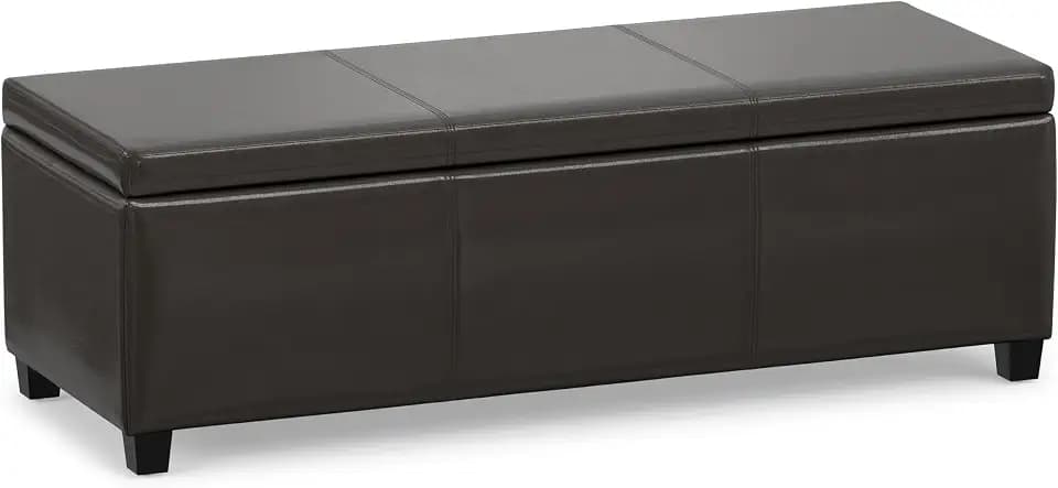 SIMPLIHOME Avalon 48" Wide Vegan Leather Storage Ottoman in Tanners Brown