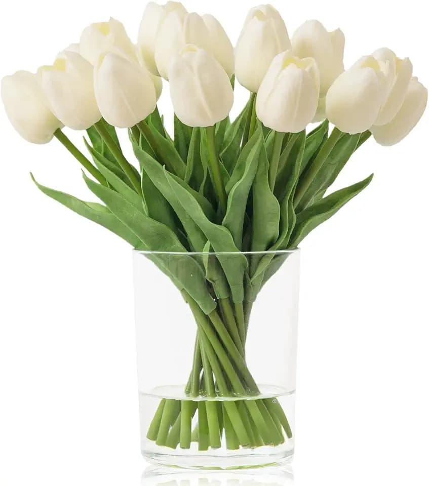 WELL KNOWN 20 Pcs White Tulips Artificial Flowers in Vase with Fake Water