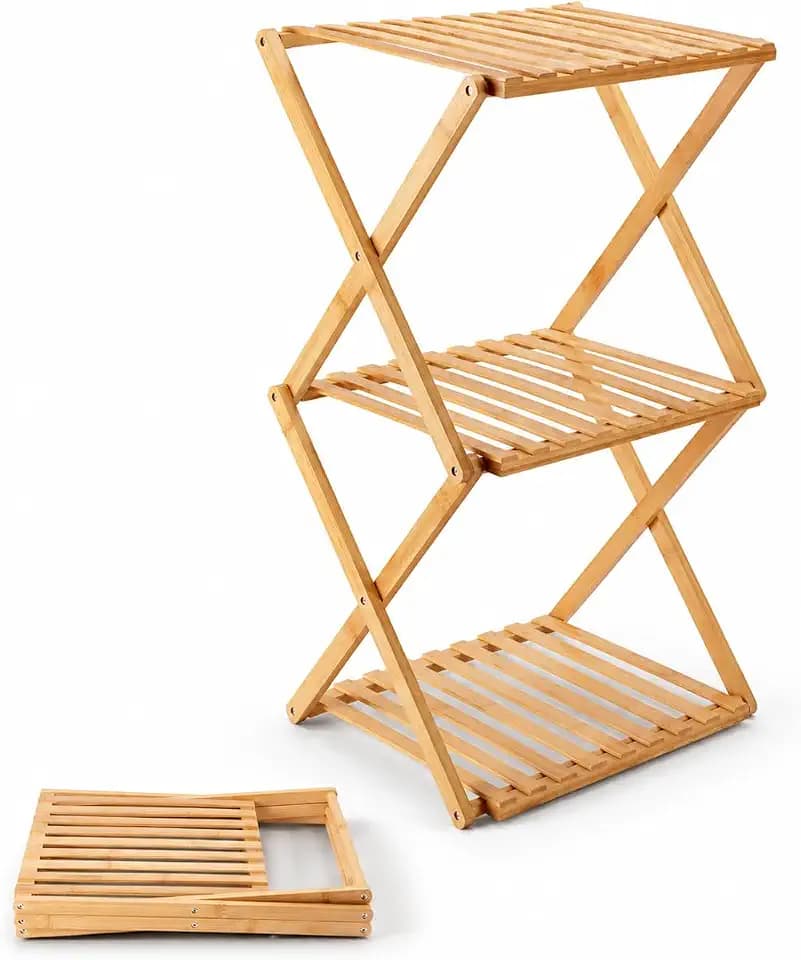 3-Tier Bamboo Folding Shelf, Multi-Purpose Storage Rack for Shoes, Plants, Camping Gear, Entryway, Closet, Bedroom, Hallway & Outdoor Use, Space-Saving Foldable Organizer