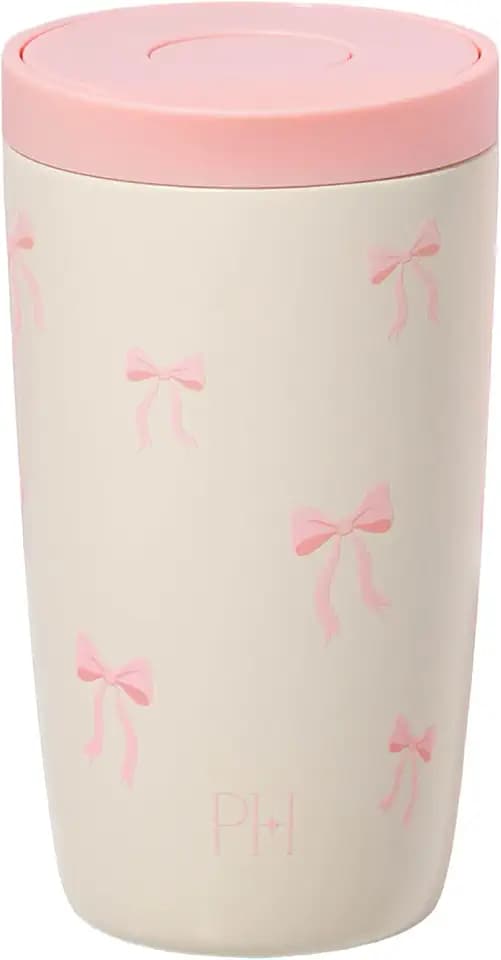 Paris Hilton Insulated Travel Coffee Mug, 12 oz Vacuum Insulated Double-Wall Stainless Steel Mug with Ceramic Coated Interior, Spill-Proof Push Button Lid, Cream