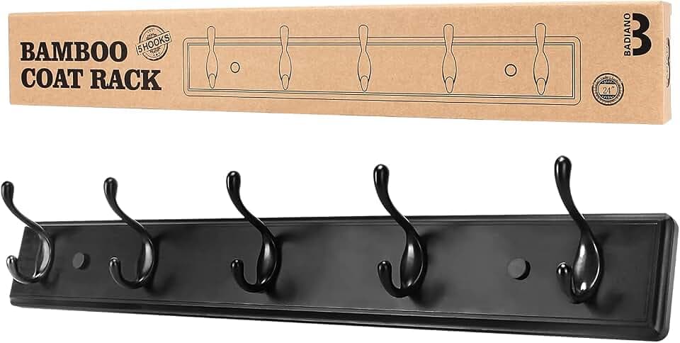 Badiano Heavy Duty Wooden Coat Rack, Wall-Mounted Organizer, 24 Inch, Black