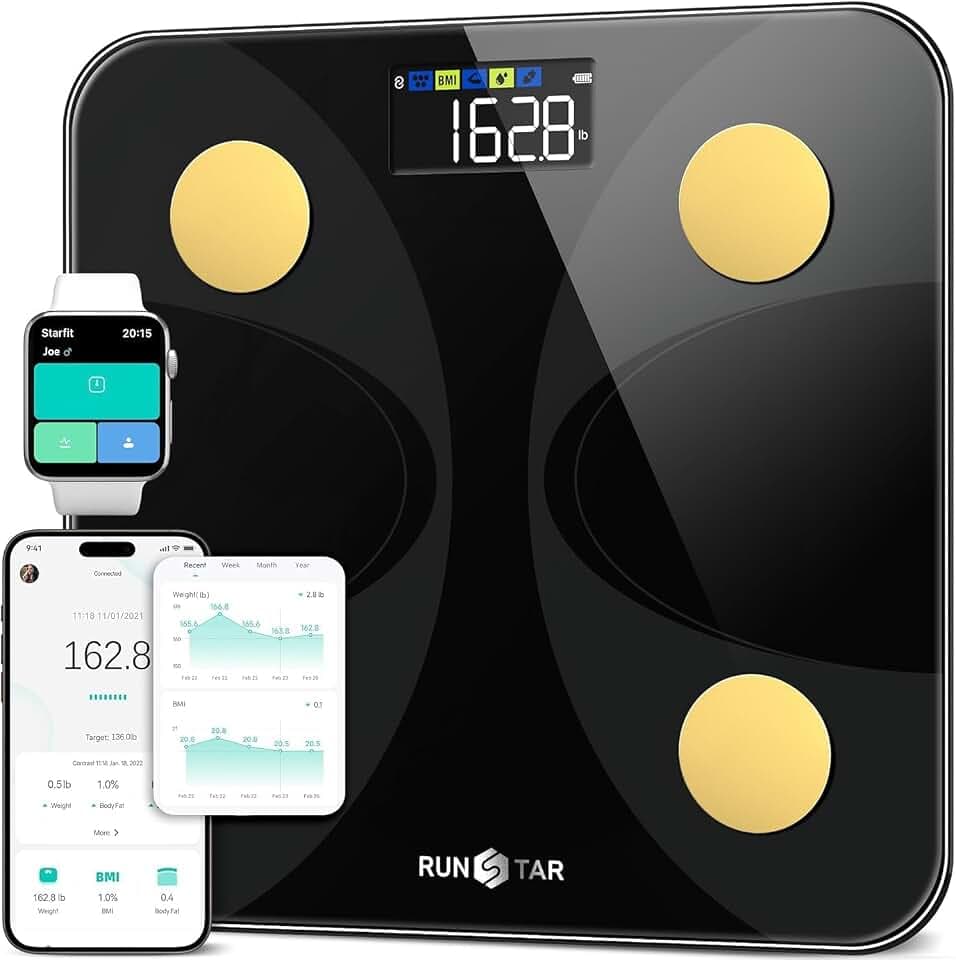 RunSTAR Körperfettwaage, Personenwaage Digitale mit großem Display, Analysator für 13 essentielle Körperwerte, mit App-Synchronisierung, Schwarzes Gold