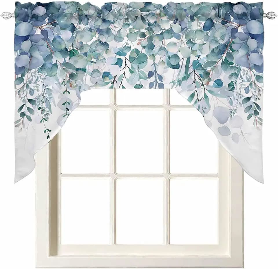 Spring Eucalyptus Leaves Swag Valances for Kitchen Window, Blue Floral Swag Curtains Drapes for Bedroom Bathroom Over Sink Summer Botanical Rod Pocket Window Treatment Printed Valances, 56x36 Inch