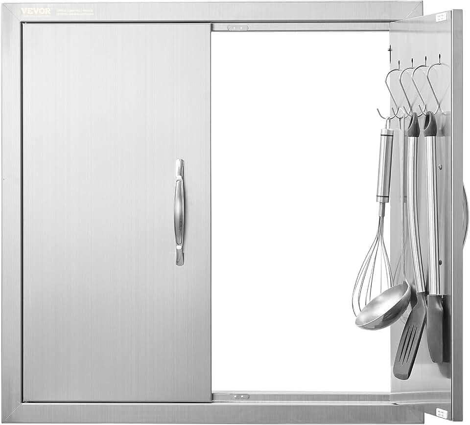 VEVOR Grill-Zugangstür, 610 x 610 mm, Doppelte Außenküchentür, Flächenbündig Montierte Edelstahltür, Doppelwandige vertikale Tür mit Griffen und Haken, für Grillinsel, Grillstation, Außenschrank