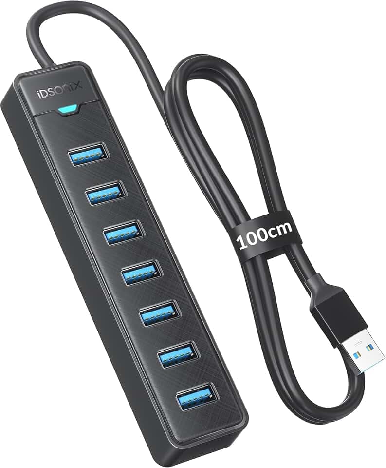 iDsonix 7-Port USB 3.0 Hub - USB Verteiler Multiport Adapter mit 100CM Kable, USB 3.0 5Gbps Data, 5V 3A Type-c Port, USB Hub Splitter für PC, Laptop, MacBook und mehr
