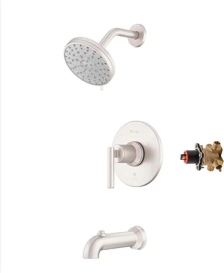 Pfister Capistrano Tub & Shower Trim Kit 1-Handle Multi-Function Shower Head with Valve and Cartridge Spot Defense Brushed Nickel Finish Water-Efficient 8P8WS2CSOSGS