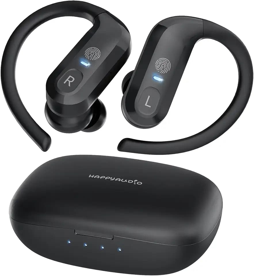 HAPPYAUDIO S1 Earbud TWS Headphones Bluetooth 5.0 Wireless Headset Sports w/Ear Hooks Built-in Mic Volume Control, IPX7 Water Resistant Sweatproof, 56Hrs Playtime for iOS Android