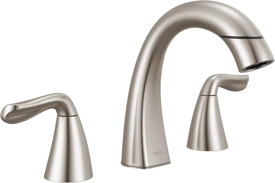 Delta Arvo Brushed Nickel Bathroom Faucet with Sprayer, 8 Inch 3 Hole Widespread Bathroom Sink Faucet with Pull Out Sprayer, Push-Pop Drain, SpotShield Stainless 35840LF-SPPD
