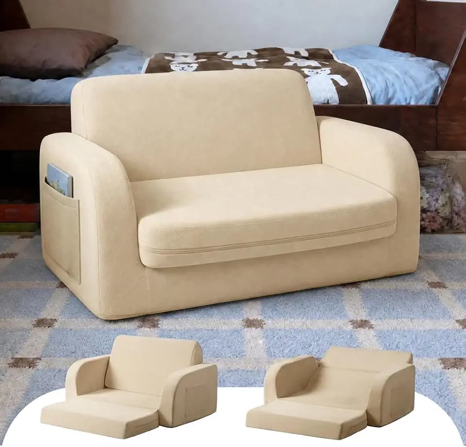 little dove 3-in-1 Extra Wide Convertible Kids Couch, Flip Open Kid Sofa, Machine-Washable Kid Couch for Girls, Kids Sofa for Fun Playtime, Beige
