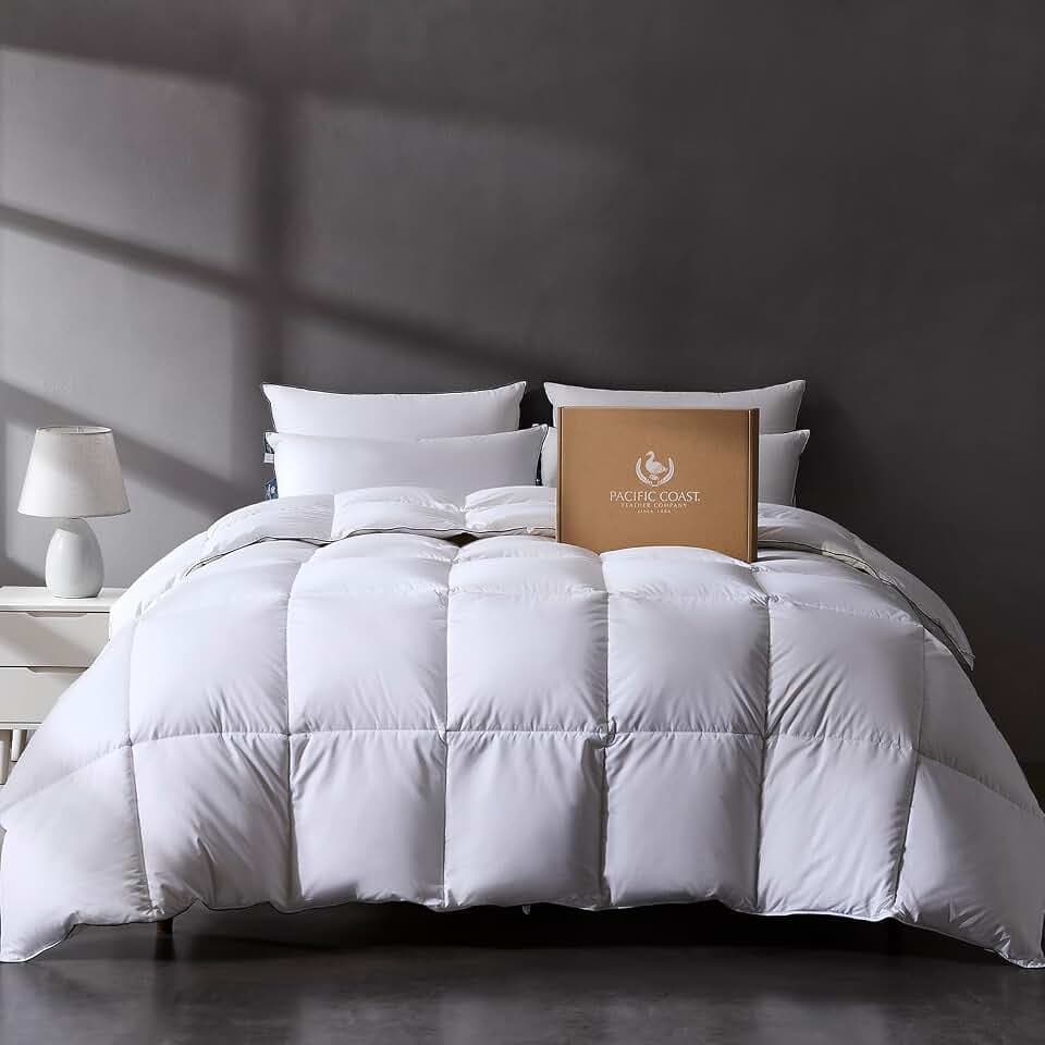 Pacific Coast Luxury White Goose Feather Down Fiber Comforter Queen Size, All Season Hotel Collection Duvet Insert, Ultra Soft, Breathable Bedding Comforter with 8 Corner Tabs, 90x90 Inch White