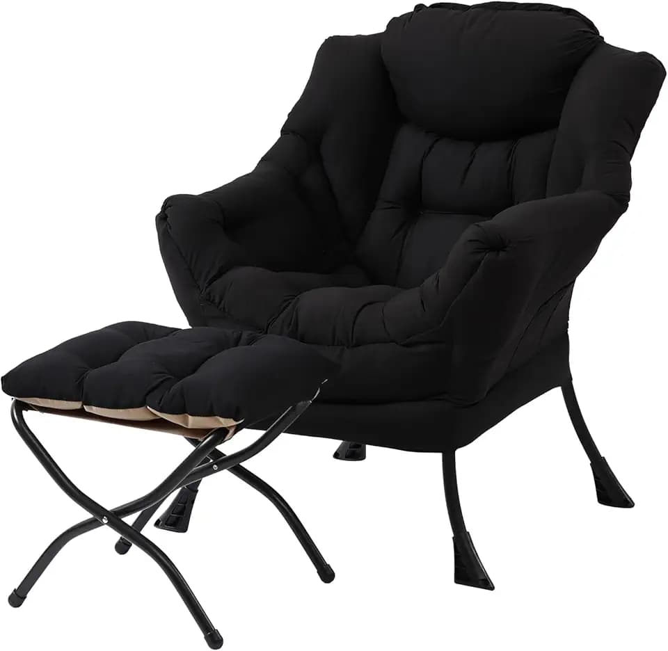 MBOOYOME Modern Lazy Chair with Ottoman, Comfy Accent Reading Chair, Black