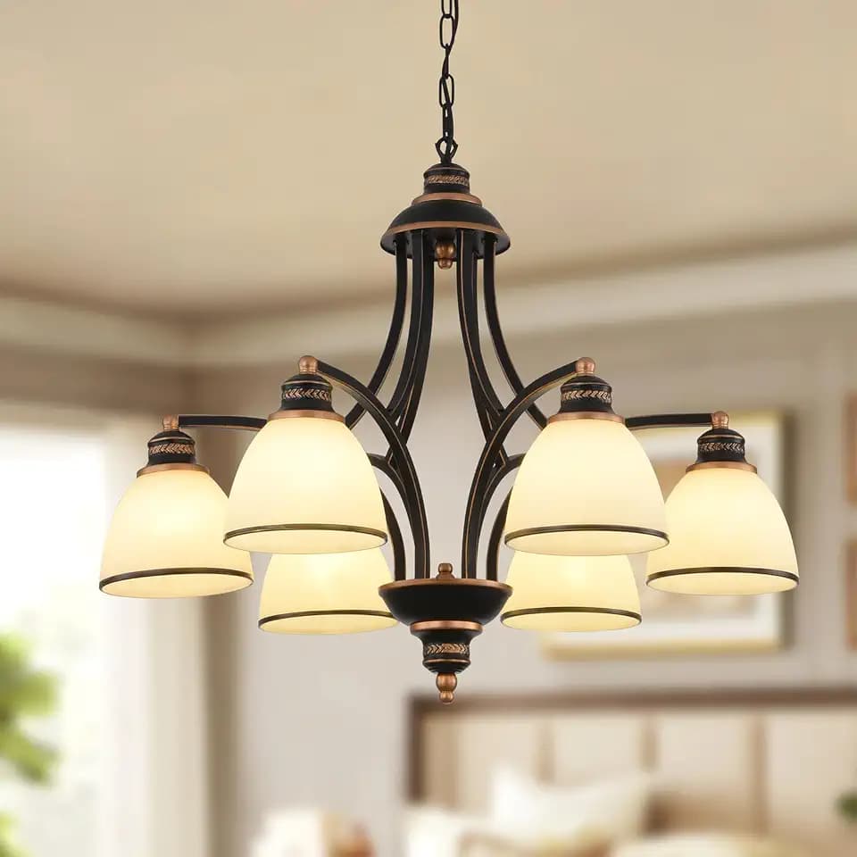 Ganeed 6-Light Chandelier, 26.8 Inch Black Bronze Accents Frosted Glass