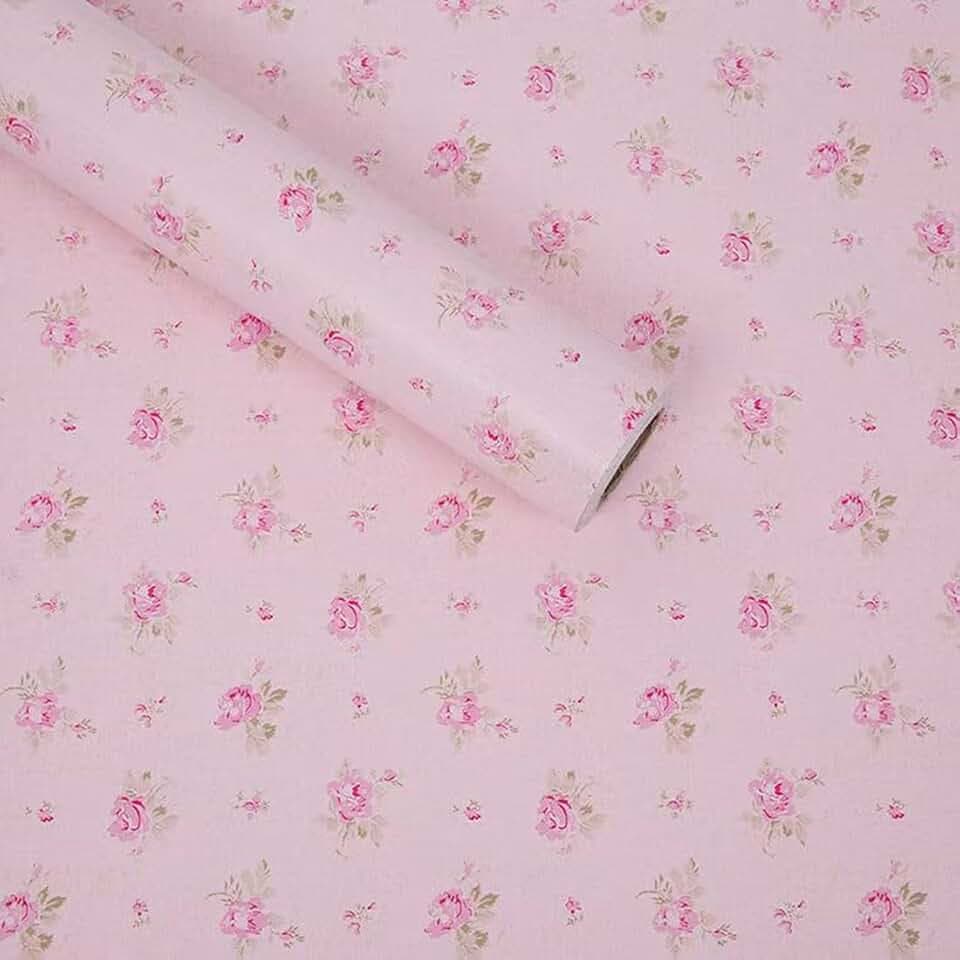 Pink Floral Drawer Shelf Liner Self Adhesive Decorative Rose Contact Paper for Shelves Drawer Cabinets Furniture Wall Decoration (17.7x393 Inches)