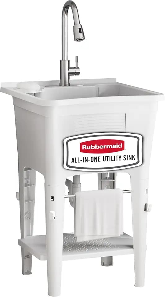 Rubbermaid Utility Sink Laundry Tub, Freestanding All-in-One Sink with Premium Stainless Steel Sprayer Faucet, for Laundry Room, Basement, Garage, 24.1" L x 24.1" W x 52.5" H, White
