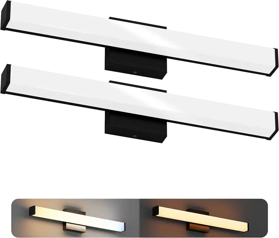 24 Inch Bathroom Vanity Light Fixtures with Night Light: Long Square Wall Mounted LED Lighting Bar Over Mirror with 5CCT & 2200K Color Changing, 120V, 1230-1350lm, ETL, Matte Black, 2 Packs