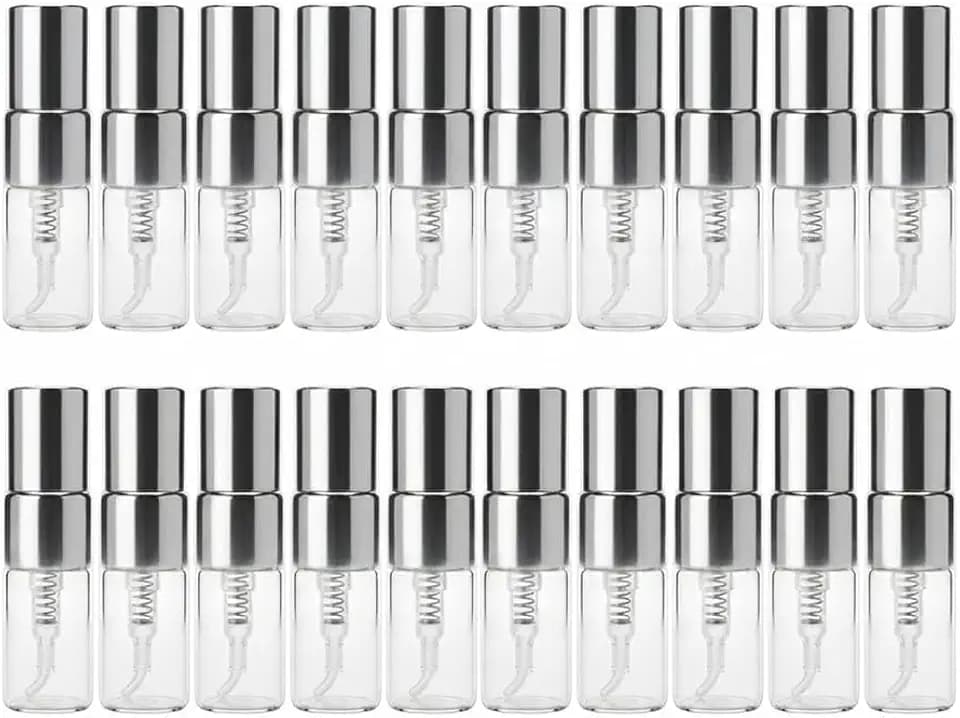 20 PCS 2ml Mini Spray Bottles, Empty Refillable Perfume Bottles with Silver Lids, Glass Fine Mist Perfume Atomizer, Mini Travel Container for Essential Oils