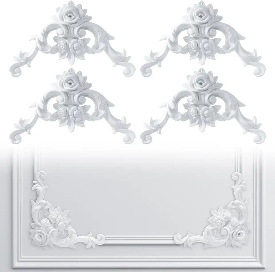 Pangda Corner Wall Molding French Style Wainscoting Panels Flora Moulding Corner Panel Wall Molding Kit for Cabinet Picture Frames Decor, Not Include Glue(4 Pcs,Rose Style)