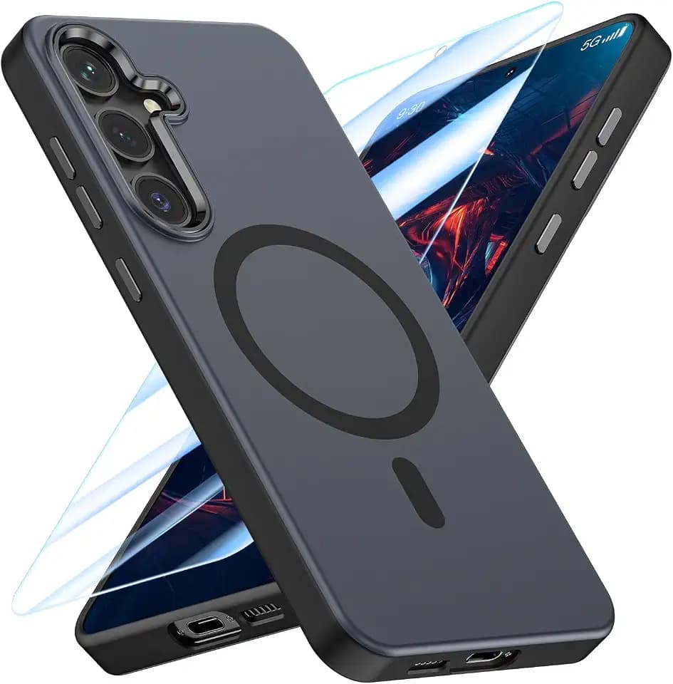 MATEPROX Handyhülle für Samsung Galaxy S24 Hülle mit Panzerglas, Kompatibel mit MagSafe, Transparente Matte Stoßfeste Magnetisches Schutzhülle für Samsung S24-Tintenschwarz
