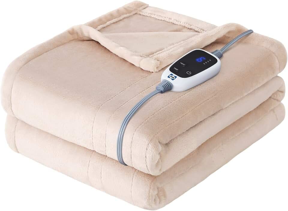 Sealy Heated Blanket Electric Throw 50"x60" Auto Shutoff Flannel, Beige