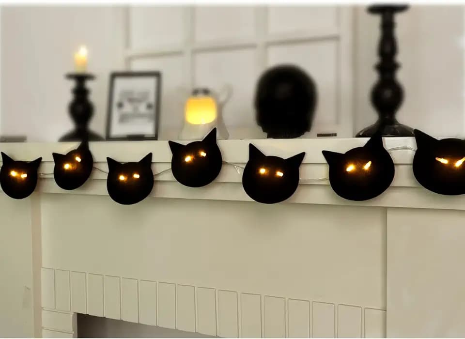 Bunny Chorus Cute Black Cats Halloween Garland: 1pc Halloween Banner with LED Lights in Eyes, Cute Cats Garland Decorations Indoor for Home Wall Mantel Front Decor