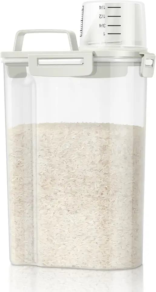 TBMax Rice Storage Container 3 to 5 Lbs - Small Pet Dog Cat Food Container Dispenser with Easy Pouring Spout & Cup, Portable Cereal Container for Small Spaces, Travel, or Daily Use -Beige