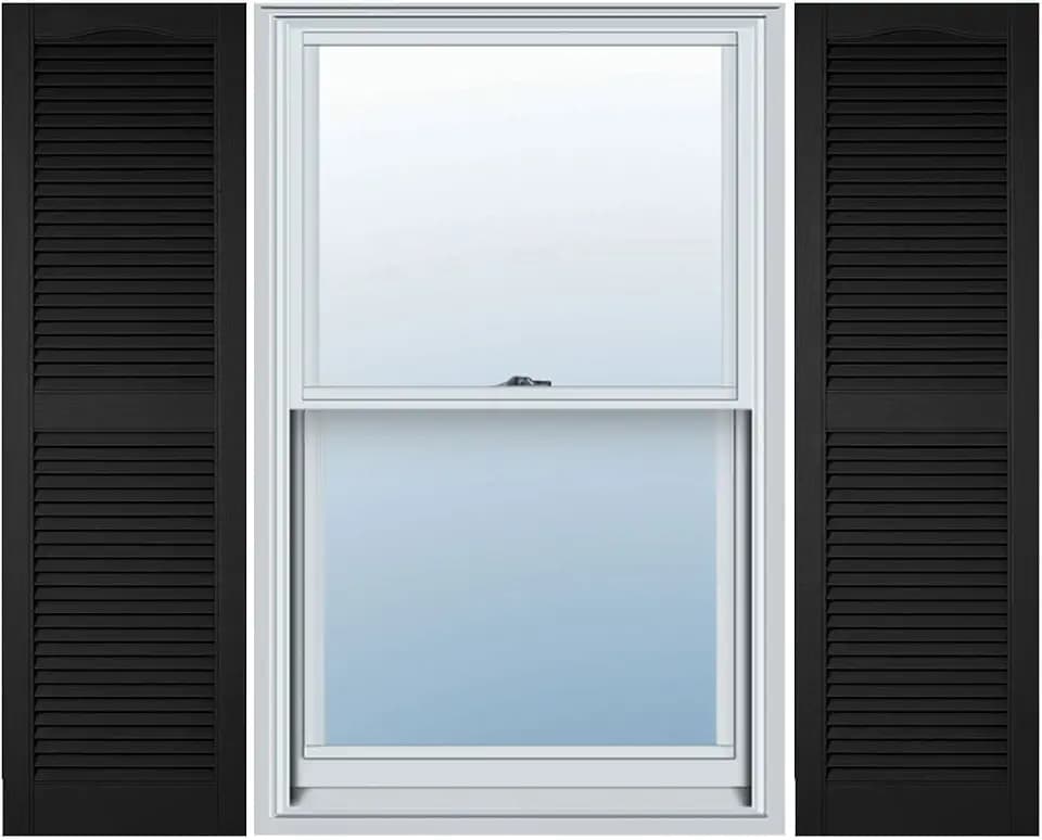 12"W x 40"H Lifetime Vinyl, TailorMade Cathedral Top Center Mullion, Open Louver Shutters, w/Shutter-Loks (Per Pair), Black
