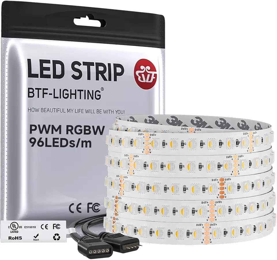 BTF-LIGHTING RGBW LED Strip 16.4ft/5m 96LEDs/m 24V DC,Warm White,IP30 12mm