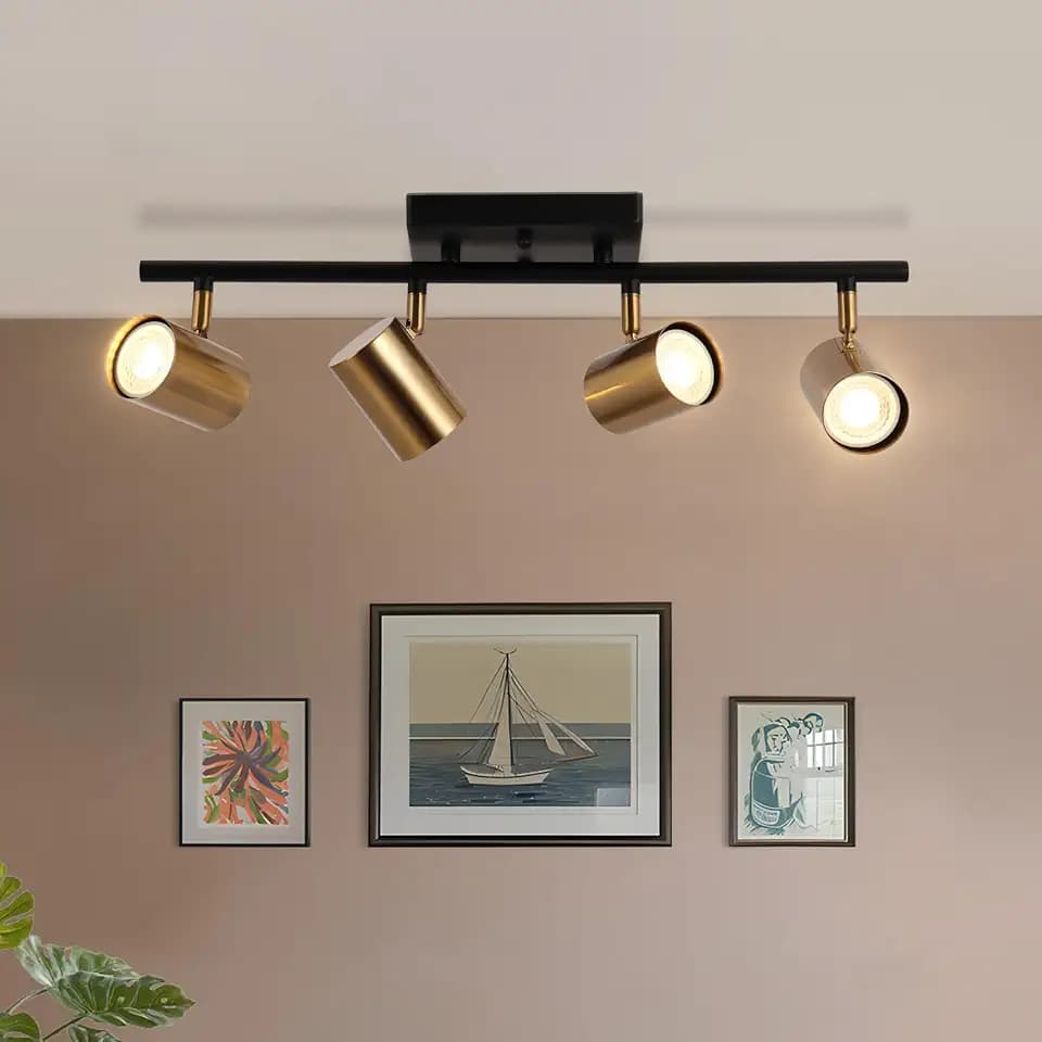 LALUZ 4-Light LED Track Lighting Ceiling Fixture, Black and Gold Track Lights with Adjustable Brass Heads for Kitchen, Dining Area and Hallway, Mid-Century Modern Style
