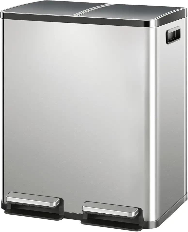 NEWBULIG 2×8-Gallon Trash Can, Stainless Steel Garbage Can with Lid, Dual Removable Buckets, Soft-Close Foot Pedal, Fingerprint-Proof for Kitchen and Home