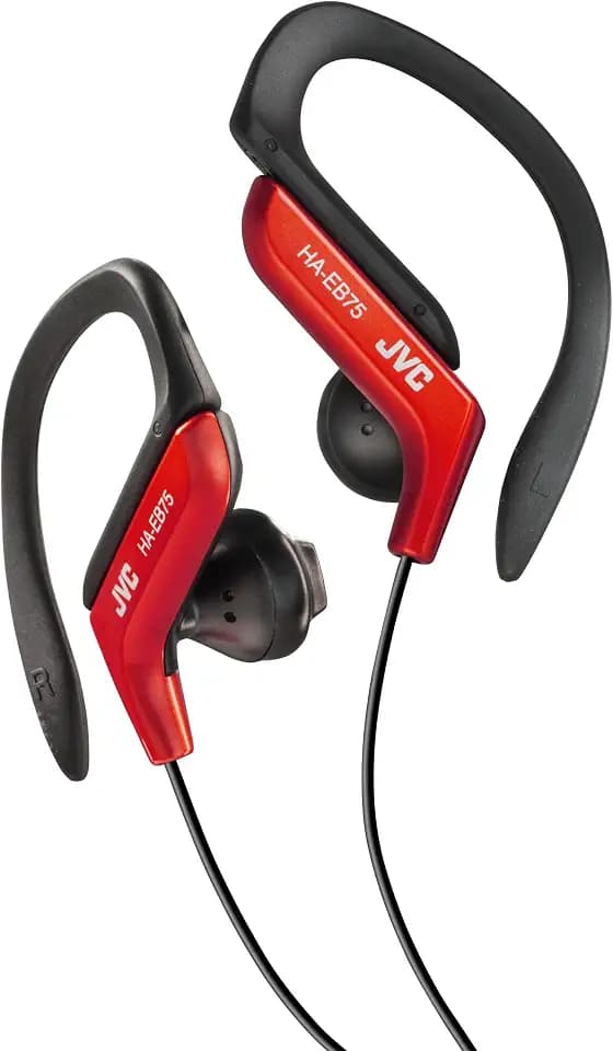 JVC HA-EB75-RN-U Sportkopfhörer mit verstellbarem Haken, 5-fache Einstellung, spritzwassergeschützt, leistungsstarker Klang mit Bass, Kabel 1,2 m, kompatibel mit Smartphone, Rot