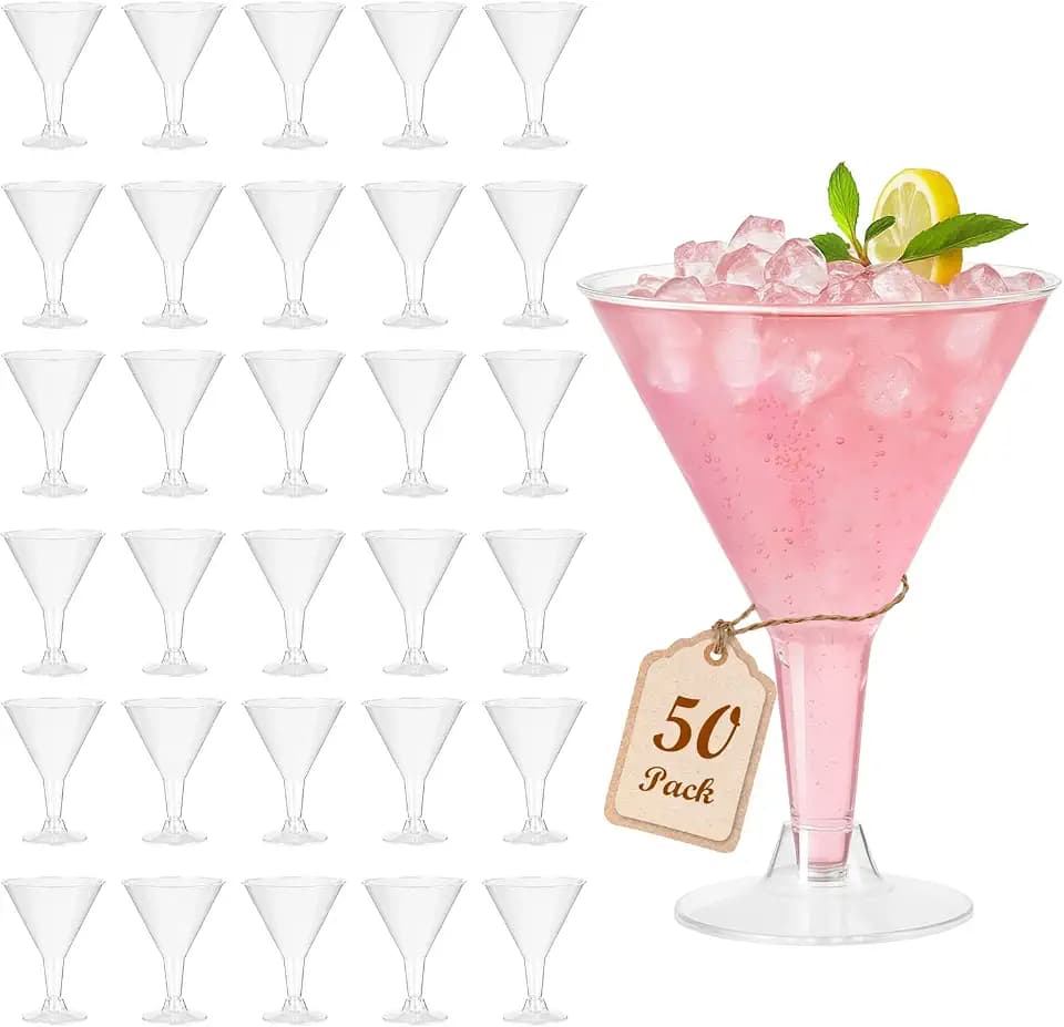 Plastic Martini Glasses Disposable 50 Pack, 6.32 oz Clear Cocktail Cups with Detachable Stem Bulk for Parties, Poolside, Wedding, Drinking, Desserts, Appetizers, A Tini Bit Older Birthday, Outdoor