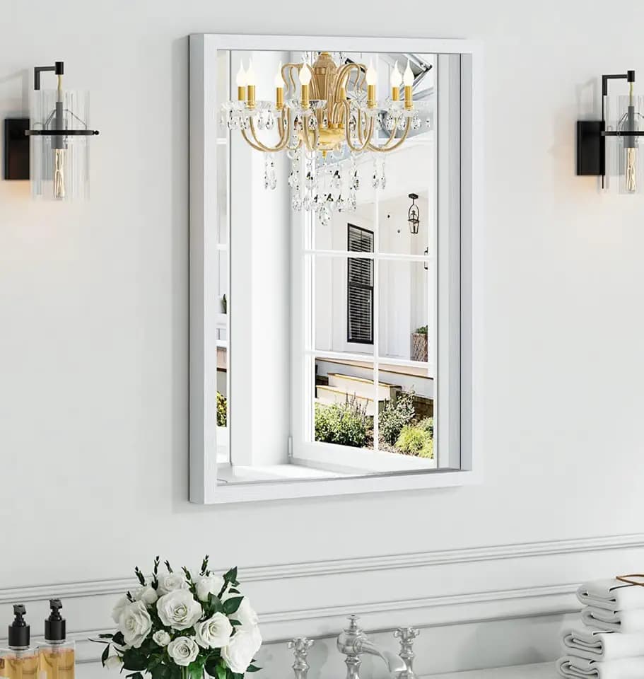 Syndra White Wood Frame Bathroom Mirror, 22''x30'' Modern Vanity Mirror for Wall, Waterproof Slim Deep Frame, Rectangular HD Tempered Glass Mirror for Living Room, Bedroom, Entryway, Rustic, Farmhouse