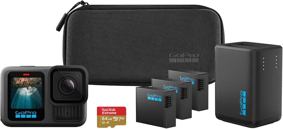 GoPro HERO13 Black Extended Power Bundle – Dualladegerät, 3 Enduro Akkus, 1 Gebogene Klebehalterung, MicroSD-Karte mit 64 GB, Befestigungsclip + Flügelschraube, 2 USB-C-Kabel, Kamera-Case