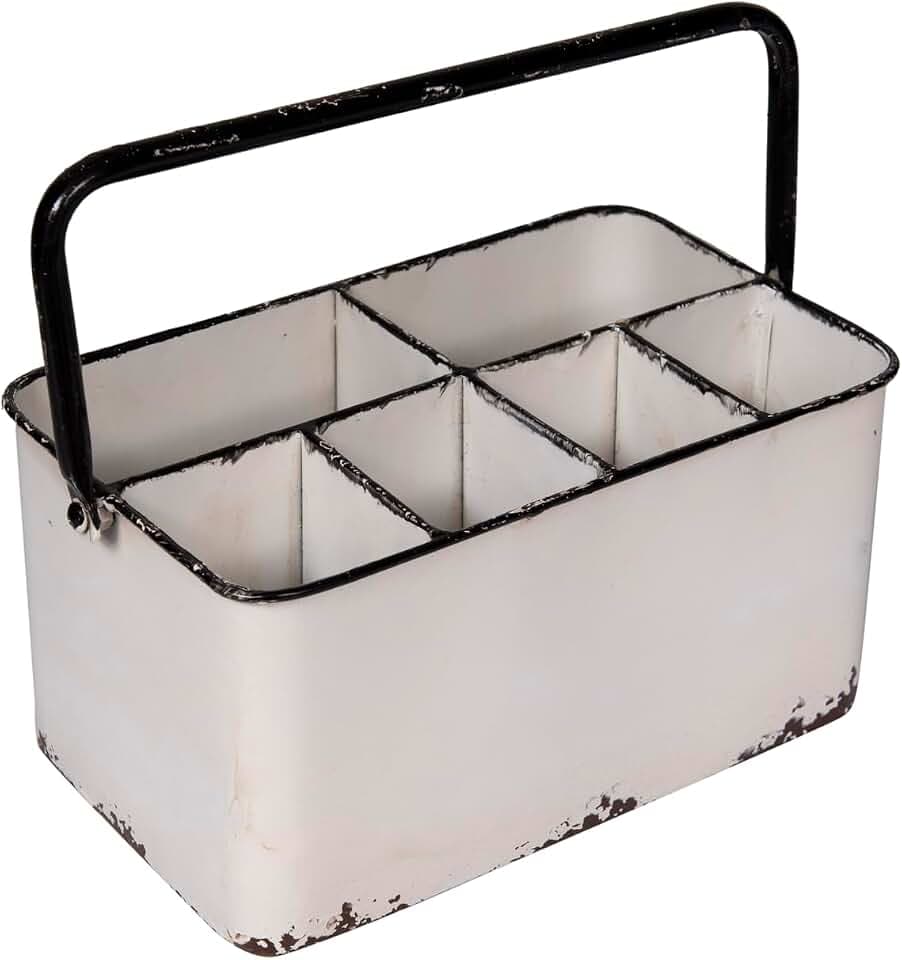 Creative Co-Op Metal Caddy with 6 Compartments, Handle, and Distressed Enamel Finish, White and Black