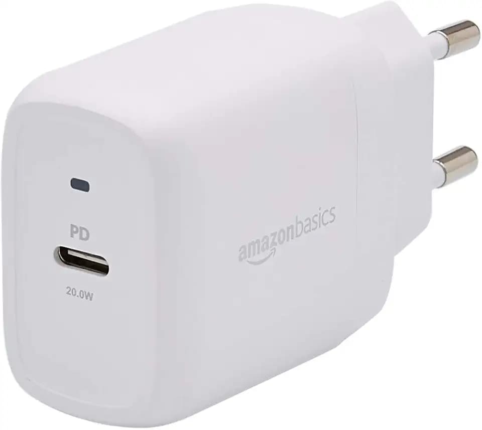 Amazon Basics Ein-Port-USB-C-Wandladegerät, 20W, Kein GaN-Ladegerät, EU-Stecker, Weiß, 2.76 x 8.3 x 4.39 cm