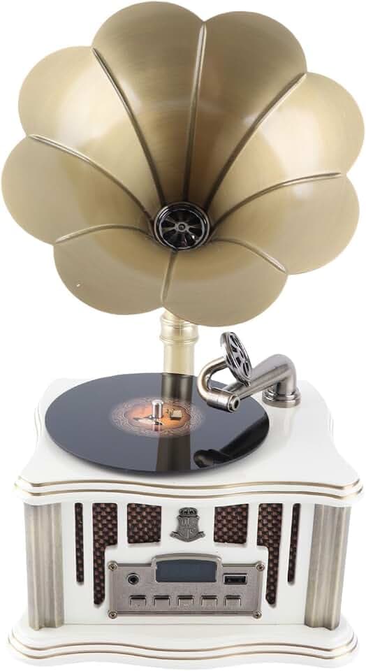 Bluetooth-Lautsprecher in Grammophonform, Retro-Plattenspieler-Phonograph-Lautsprecher, Unterstützt Bluetooth 5.0, USB, UKW-Radio, mit Zink-Ally-Horn (Weiß)