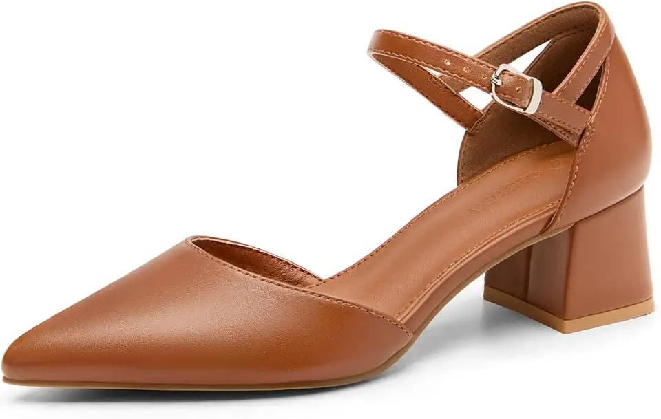 Coutgo Womens Chunky Low Heels Pointed Toe Ankle Strap Pumps Dress Shoes