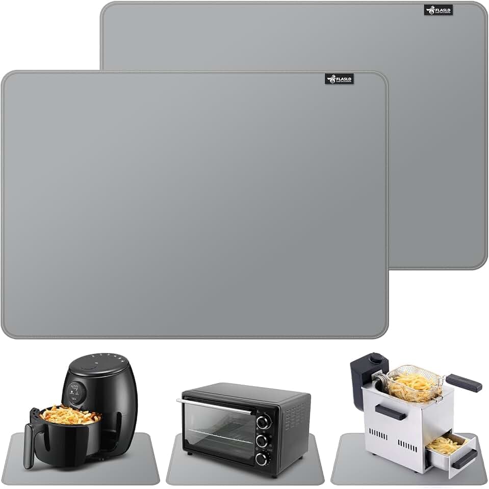 FLASLD 2Pack Heat Resistant Mat for Air Fryer Site on,12"X18" Fireproof Silicone Mats for Kitchen Counter, Countertop Protector, No-slip and Waterproof Gray