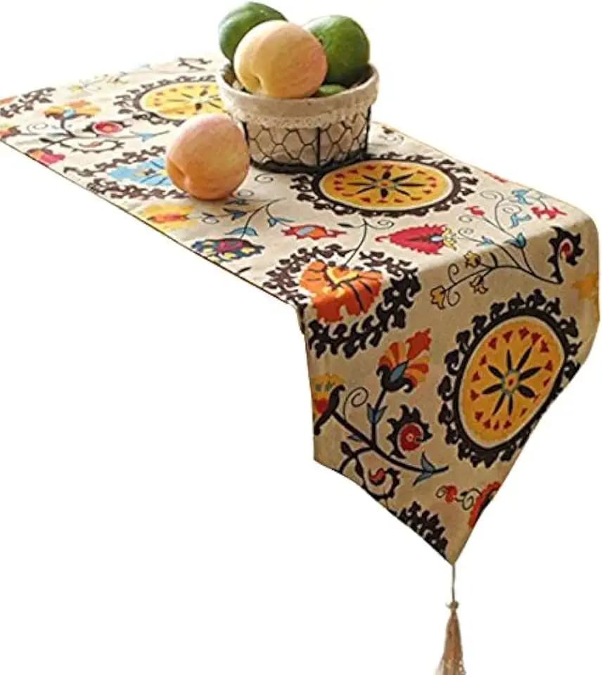 Aothpher Modern Boho Floral Pattern Table Runner with Tassel for Thanksgiving, Party & Christmas Decoration, 12x72 Inches