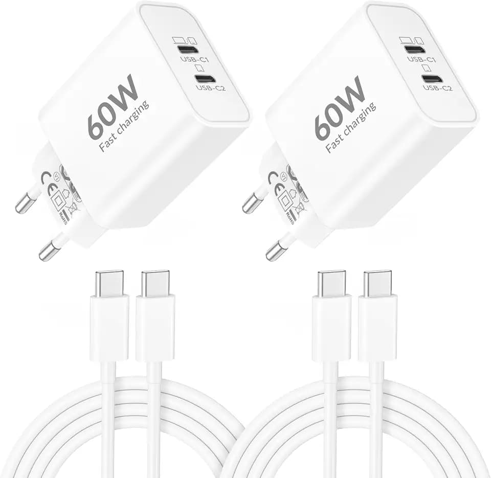 60W 2-Port USB C Ladegerät mit Ladekabel für iPhone 17 18 16 15 Pro Max Air | für iPhone 17e 16e, iPad 10/11/A16, USBC Netzteil, Stecker Adapter Schnellladegerät + 2M Schnellladekabel 2-Pack