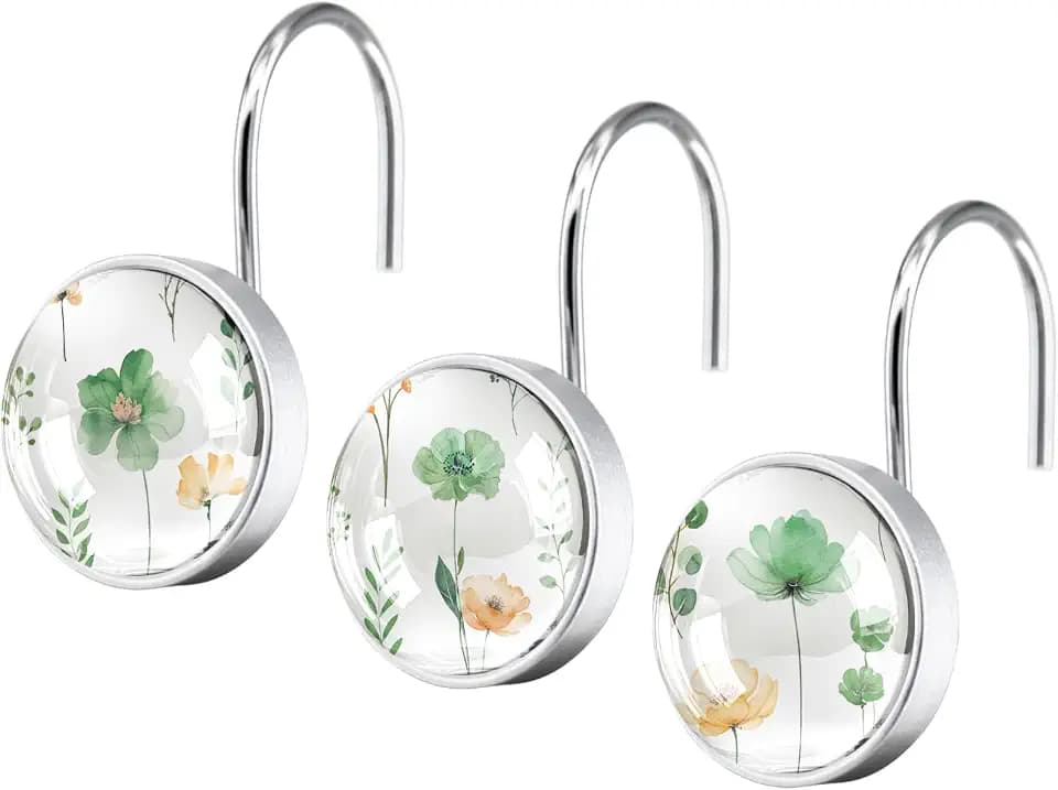 KAIRA 12 Pcs Watercolor Floral Decorative Shower Curtain Hooks,Sage Green